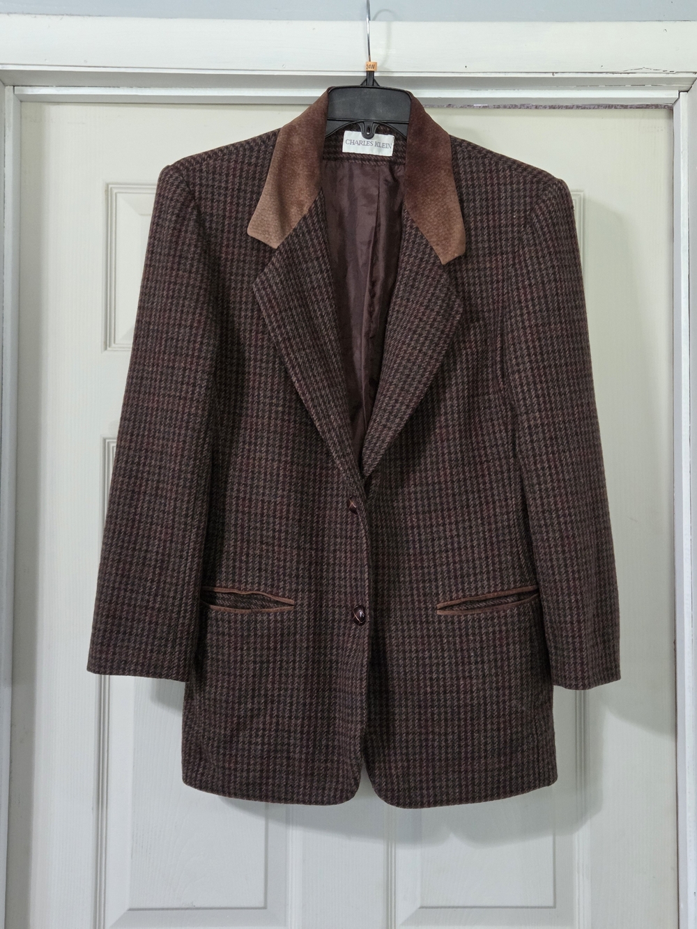 Vintage Charles Klein Wool Tweed Blazer Brown Houndstooth Velvet Collar